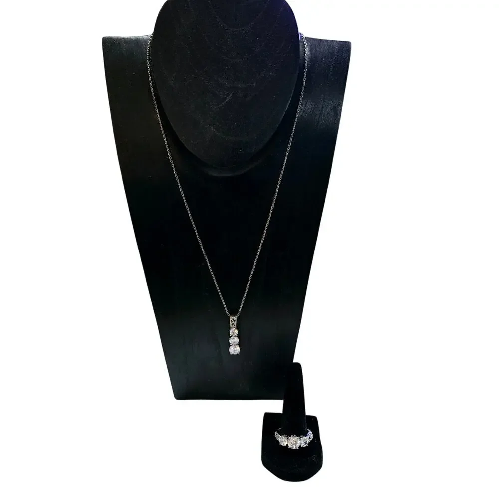 3 White CZ Stone 2 Piece Ring and Necklace Set NWOT